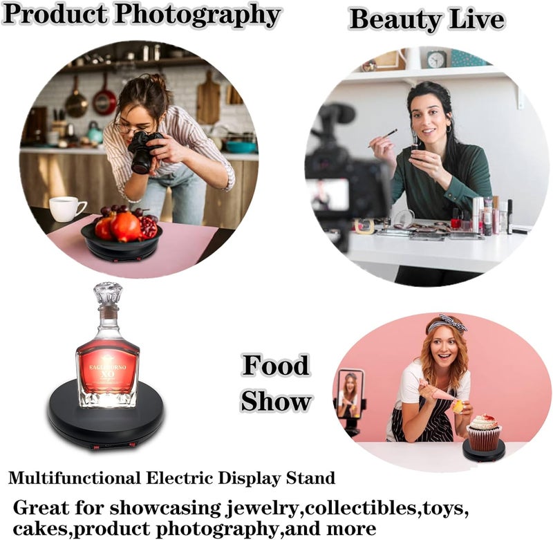 JAYEGT Motorized Rotating Display Stand with LED Light , 10 inch /55lbs Load, 360 Degree Electronic Photography Turntable for Product Show, Jewelry, Crystal Art (Black / 5 Colors LED Light /Rechargeable) - Image 3